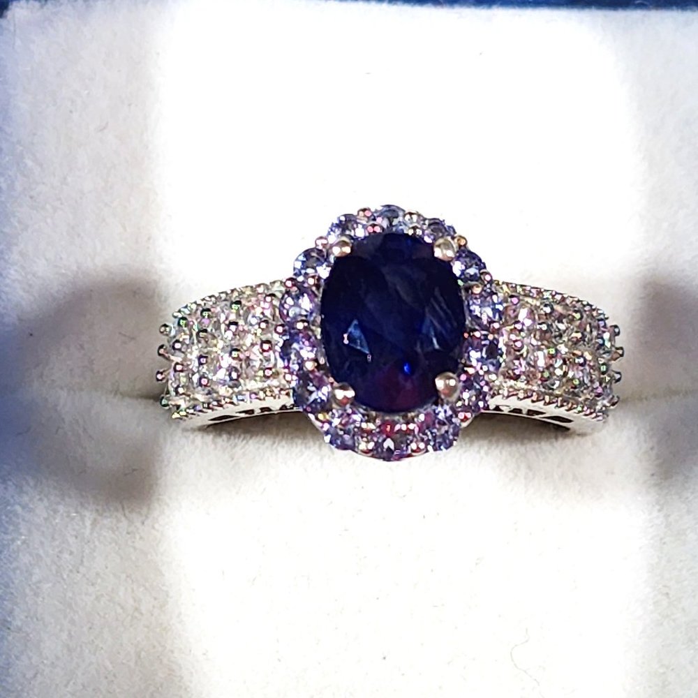 Blue Sapphire Tanzanite & White Zircon halo ring in Platinum over 925SS sz 9